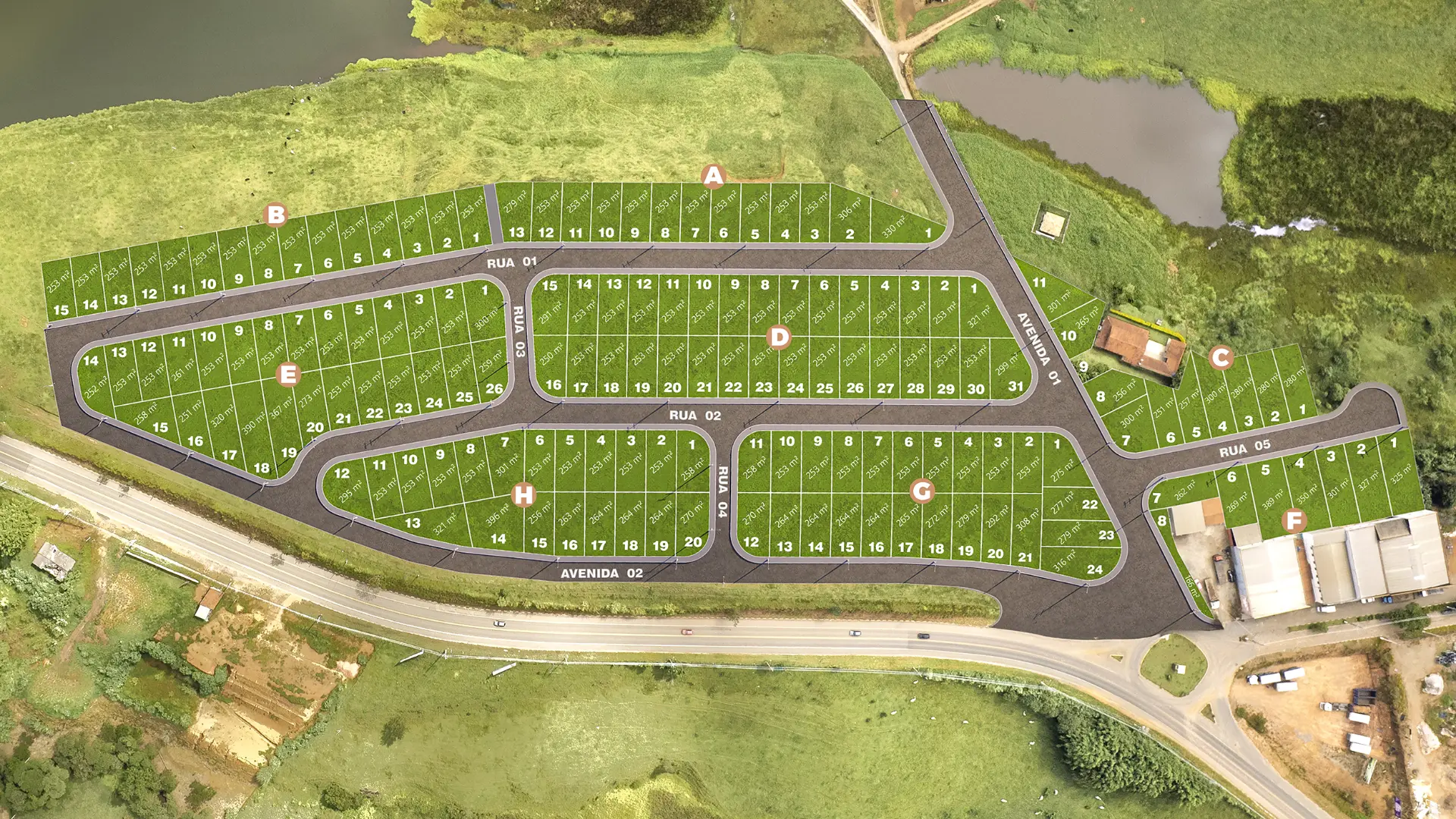 Mapa de lotes do Residencial Portal do Lago com quadras A a H, ruas, avenidas e metragens de cada lote